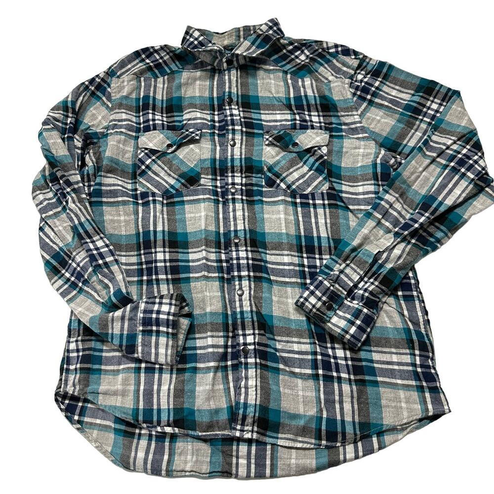 Express Flannel Shirt XL Green Blue Gray Plaid Snap Button Cotton Lightweight